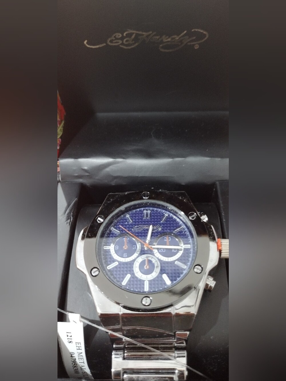 Men's Ed Hardy Blue Dial Silver Stainless Steel Watch with Orange Crown Accent